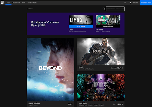 Screenshot vom Epic Games Store für PC-Spiele